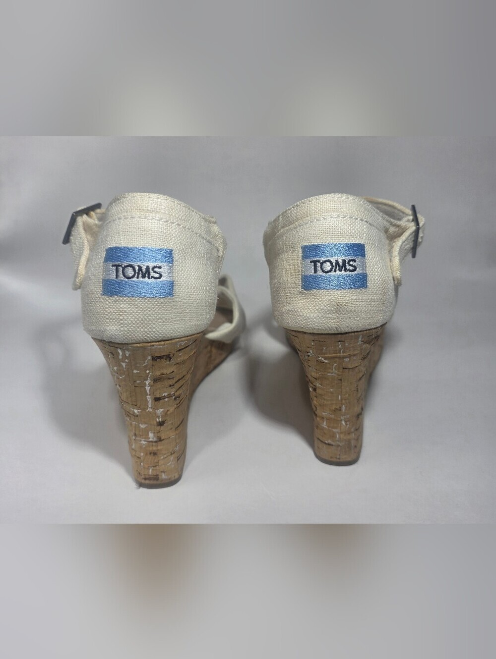 TOMS Women's Wedge Sandals Size 8.5 White Canvas Cork Heel Ankle Strap - Picture 7 of 9